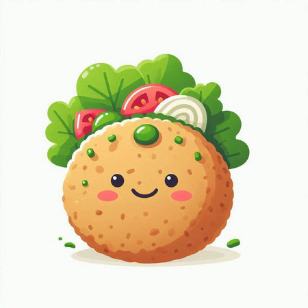 Cute kawaii fish ball character with salad. Vector illustrationのイラスト素材
