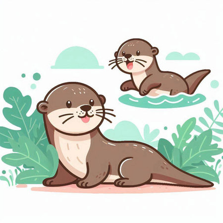 Cute little otter on the background of green plants. Vector illustrationのイラスト素材