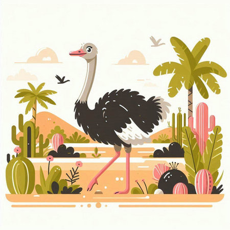 Ostrich in the desert. Vector illustration in flat style.のイラスト素材