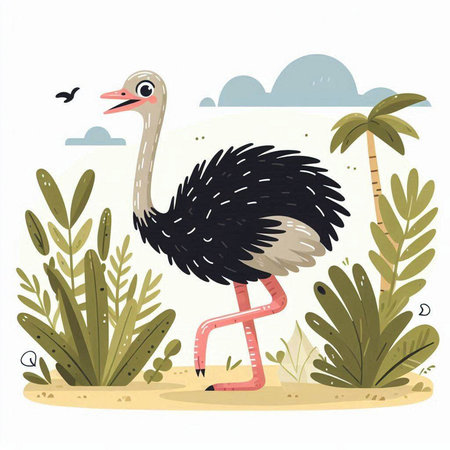 Ostrich on the beach. Cute vector illustration in cartoon style.のイラスト素材