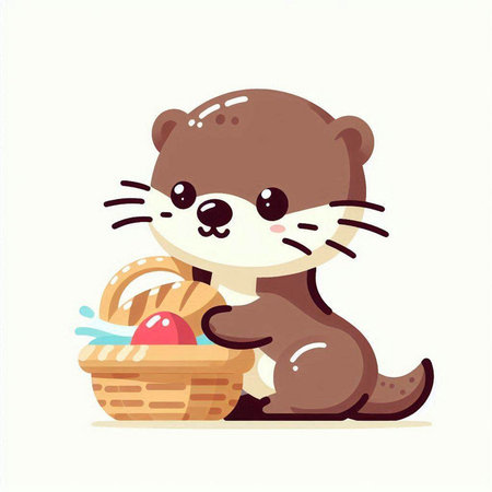 Cute little otter with a basket of food. Vector illustration.のイラスト素材