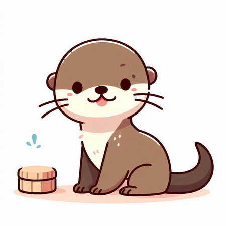 Cute little otter with a bowl of food. Vector illustration.のイラスト素材