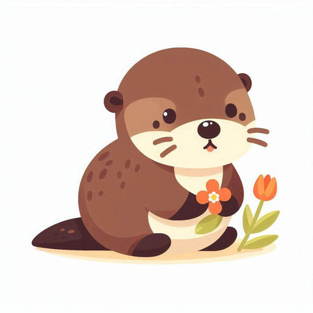 Cute otter sitting on the ground with flower. Vector illustration.のイラスト素材