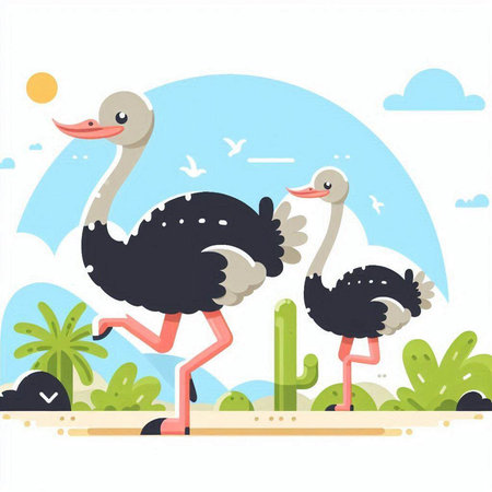 Ostrich and cactus on the beach. Vector flat illustrationのイラスト素材
