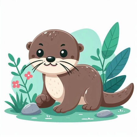 Cute otter sitting on the grass with flowers. Vector illustration.のイラスト素材