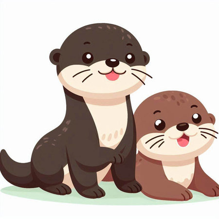 Cute little baby otter sitting with mother. Vector illustration.のイラスト素材