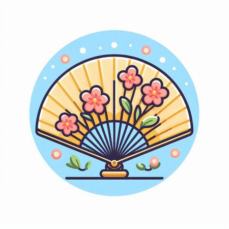 Folding fan with flowers. Vector illustration in a flat style.のイラスト素材