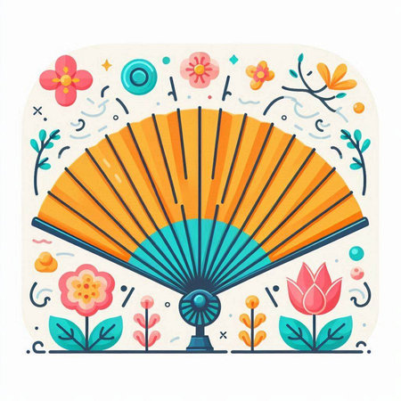 Folding fan with floral pattern. Vector illustration in flat style.のイラスト素材