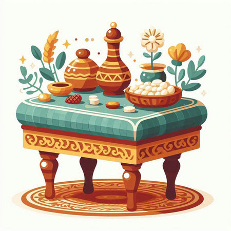 Vector illustration of traditional indian table with sweets and candies.のイラスト素材