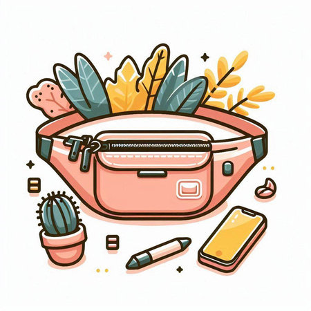 Vector hand drawn illustration of a woman's bag with cosmetics and accessories.のイラスト素材