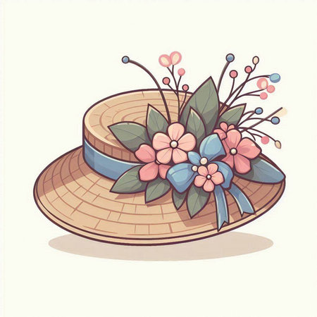 Summer hat with flowers and leaves. Vector illustration in cartoon style.のイラスト素材