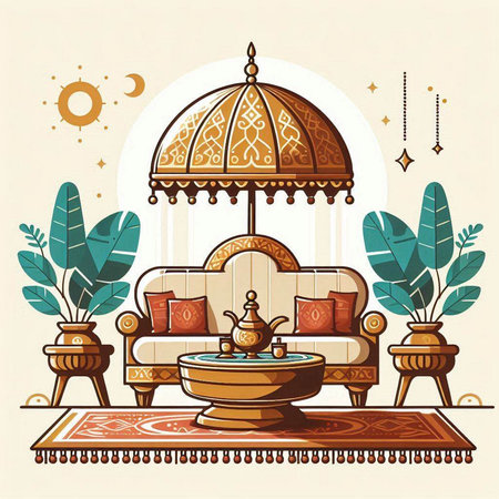 Luxury living room interior with furniture. Vector illustration in retro style.のイラスト素材