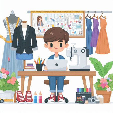 Fashion designer boy working on a laptop. Vector illustration in cartoon style.のイラスト素材