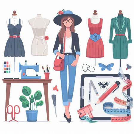 Fashion designer set. Sewing, tailoring, sewing. Vector illustrationのイラスト素材