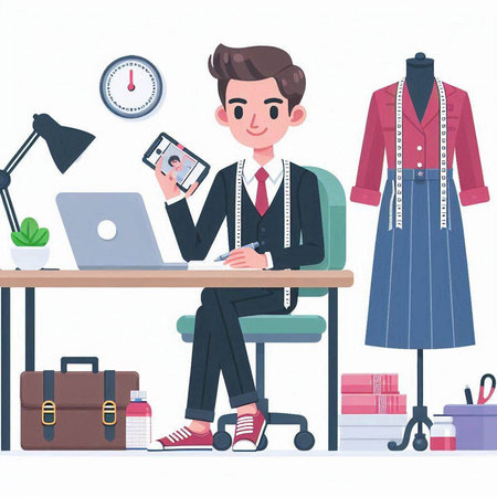 Fashion designer working at his office. Vector illustration in cartoon style.のイラスト素材