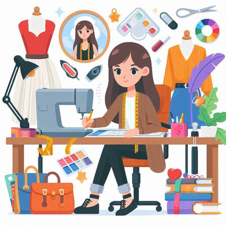 Fashion designer working at her desk. Vector illustration in cartoon styleのイラスト素材
