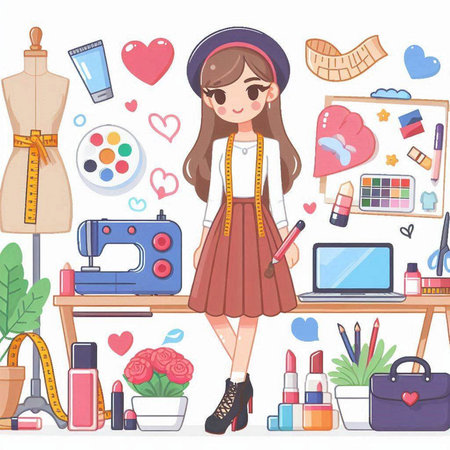 Beautiful fashion girl with sewing machine. Vector illustration in cartoon style.のイラスト素材