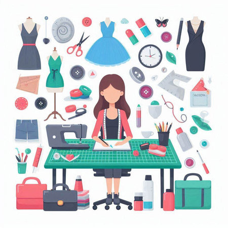 Fashion designer woman working at her workplace. Flat style vector illustration.のイラスト素材