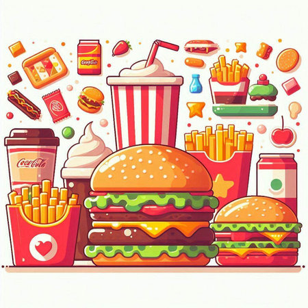 Fast food background with hamburger, french fries and soda. Vector illustration.のイラスト素材