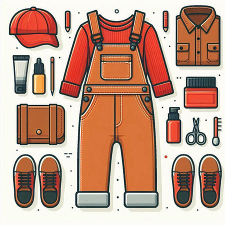 Set of icons of work clothes and accessories. Vector illustration in flat styleのイラスト素材
