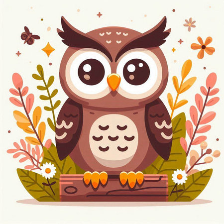 Cute owl sitting on a branch with flowers. Vector illustration.のイラスト素材