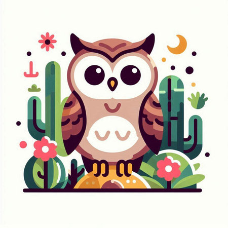 Cute owl with cactus. Vector illustration in flat style.のイラスト素材