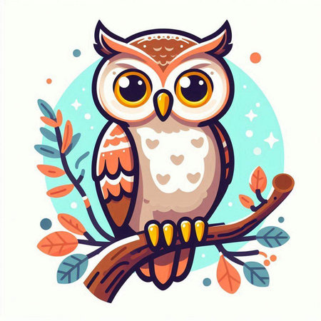 Cute cartoon owl sitting on a tree branch. Vector illustration.のイラスト素材