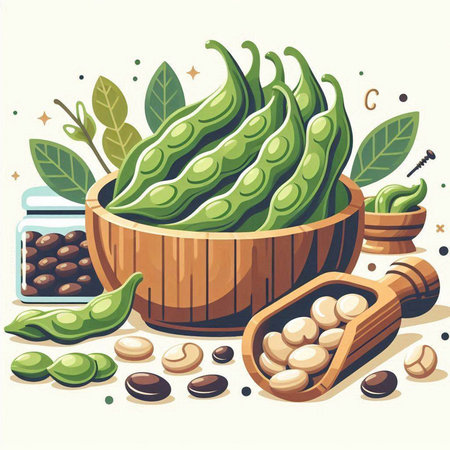 Vector illustration of fresh green soybeans in wooden bowl and ingredients for cooking.のイラスト素材