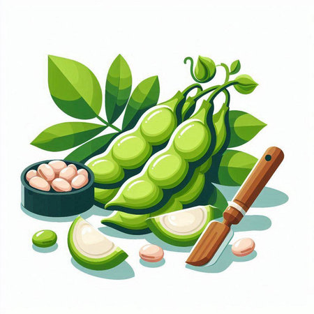 Bunch of green soybeans with a wooden spoon. Vector illustration.のイラスト素材