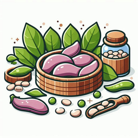 Vector illustration of bean in wooden bowl with green leaves and seeds.のイラスト素材