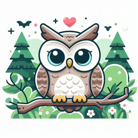 Cute owl sitting on a branch in the forest. Vector illustration.のイラスト素材