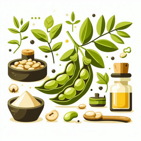 Soybean pods with leaves, seeds and essential oil. Vector illustration.のイラスト素材