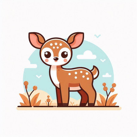 Cute little deer on the meadow. Vector illustration in cartoon style.のイラスト素材