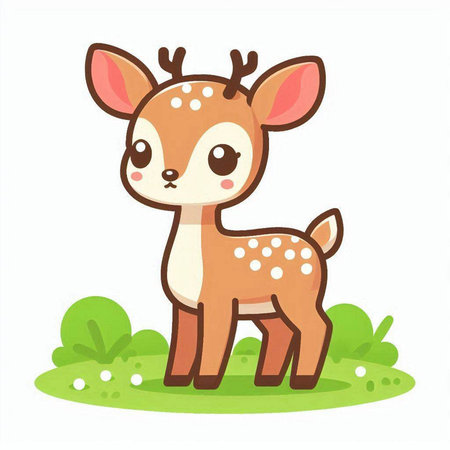 Cute little deer on the grass. Vector illustration in cartoon style.のイラスト素材
