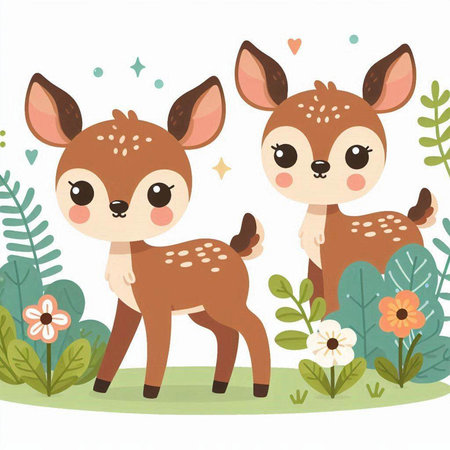 Cute deer family in the park. Vector illustration. Cartoon style.のイラスト素材