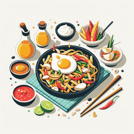 Noodles with vegetables and fried egg on a plate. Vector illustration.のイラスト素材