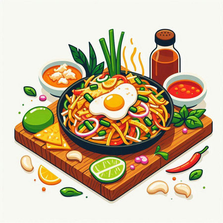 Spaghetti with egg and vegetables on wooden table. Vector illustration.のイラスト素材