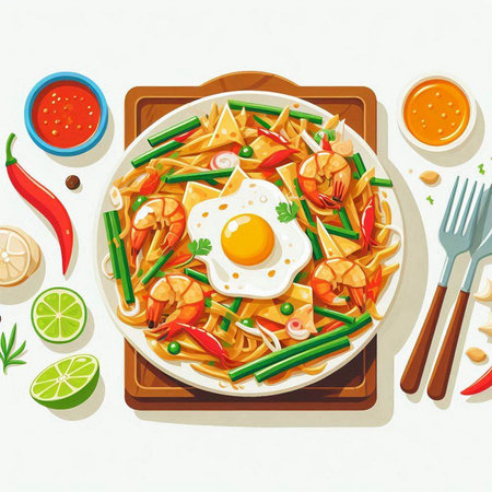 Illustration of a noodle dish with shrimp, egg and vegetablesのイラスト素材