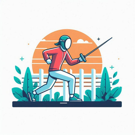 Fencing man with sword in hand. Sport concept. Vector illustration.のイラスト素材