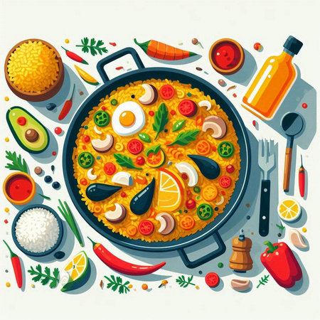 Spanish paella in pan with ingredients for cooking. Vector illustration.のイラスト素材