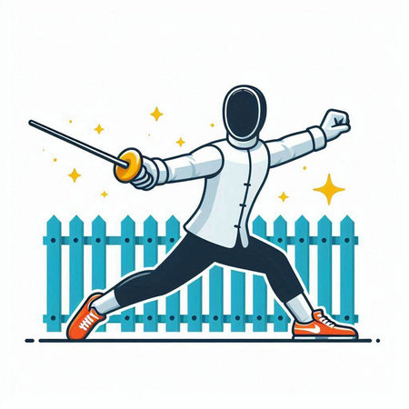 Fencing. Vector illustration of a man wearing a fencing suit and holding a sword.のイラスト素材