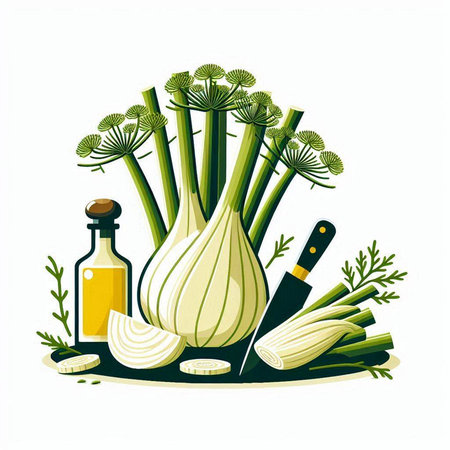 Fennel and olive oil on a white background. Vector illustrationのイラスト素材