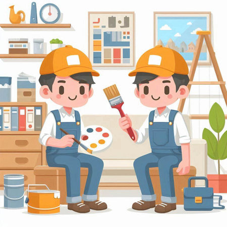 Illustration of a Father and Son Painting in the Apartment Togetherのイラスト素材