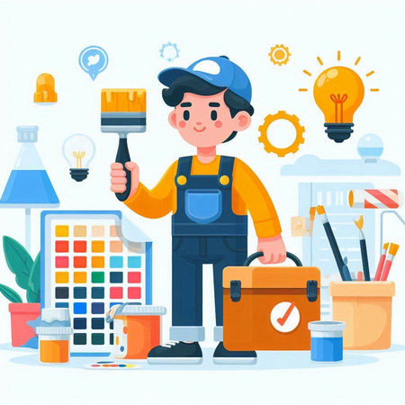 Worker with paint brush and tools. Vector illustration in flat styleのイラスト素材