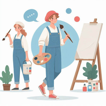 Painter woman with paintbrush and palette. Vector illustration in cartoon styleのイラスト素材