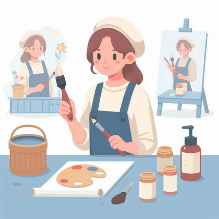 Female artist painting a picture in her studio. Vector illustration in cartoon style.のイラスト素材