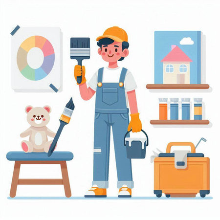 Home repair concept. Vector illustration in flat style. Man with tools.のイラスト素材
