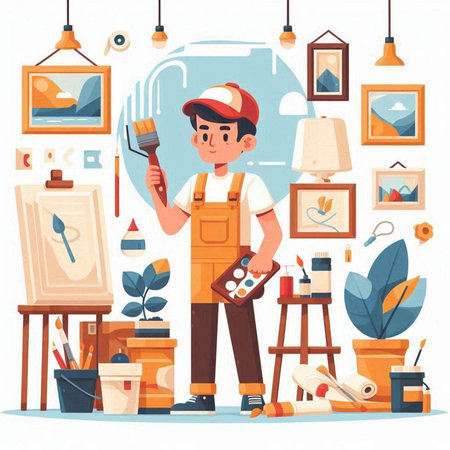 Painter with paint brush and palette in workshop flat vector illustration.のイラスト素材
