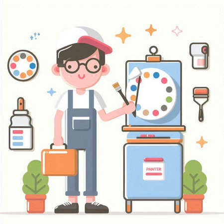 Cute cartoon man painter with paintbrush and palette. Vector illustrationのイラスト素材