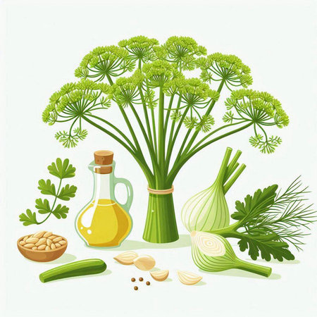 illustration of fresh dill, parsley, onion, garlic and oilのイラスト素材